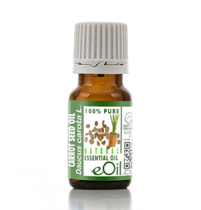 Bottle of eOil carrot seed oil on a white background