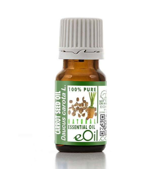 Bottle of eOil carrot seed oil on a white background