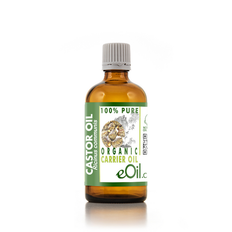 An amber glass bottle of eOil.c Organic Carrier Oil with a white and green label, set against a plain white background with a soft reflection.