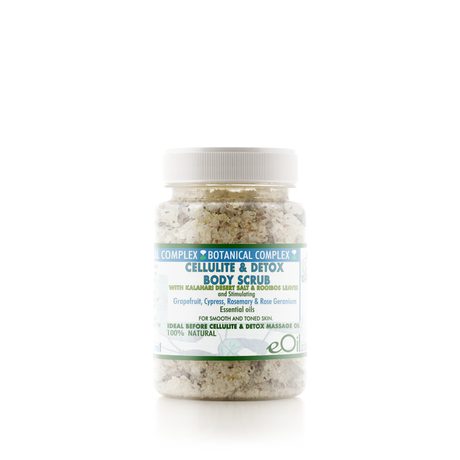 Jar of body scrub with a white label on a white background