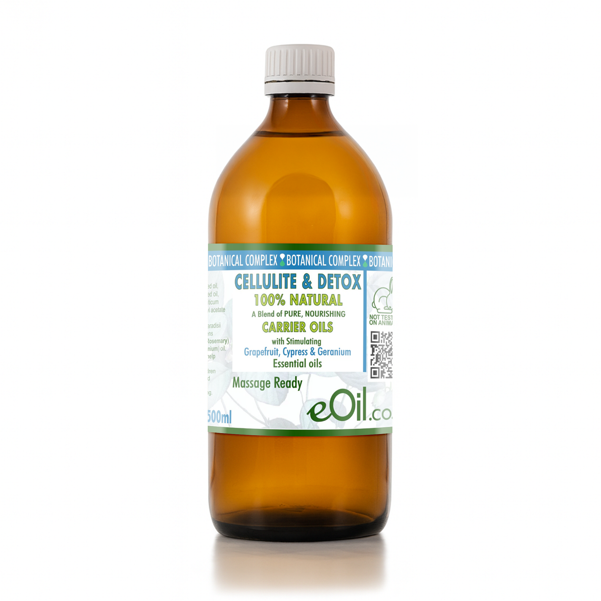 Bottle of cellulite and detox oil with a white label on a white background 500 ml