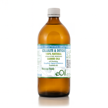 Bottle of cellulite and detox oil with a white label on a white background 500 ml