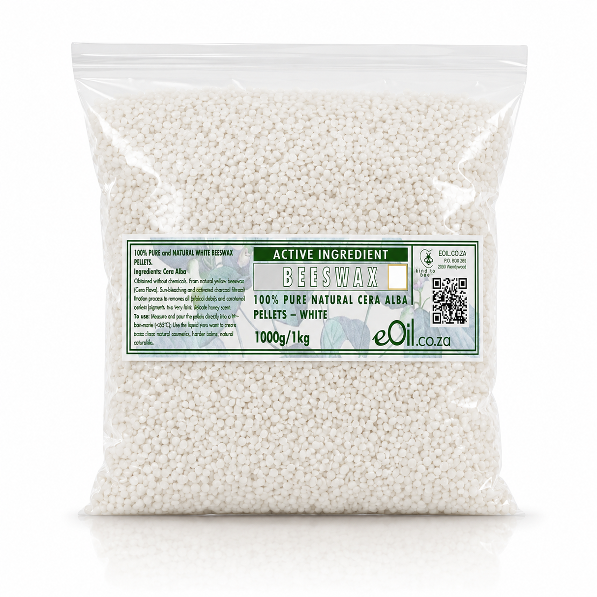 A 1kg clear plastic bag filled with white beeswax pellets, featuring a green and white label with the brand eOil.co.za.