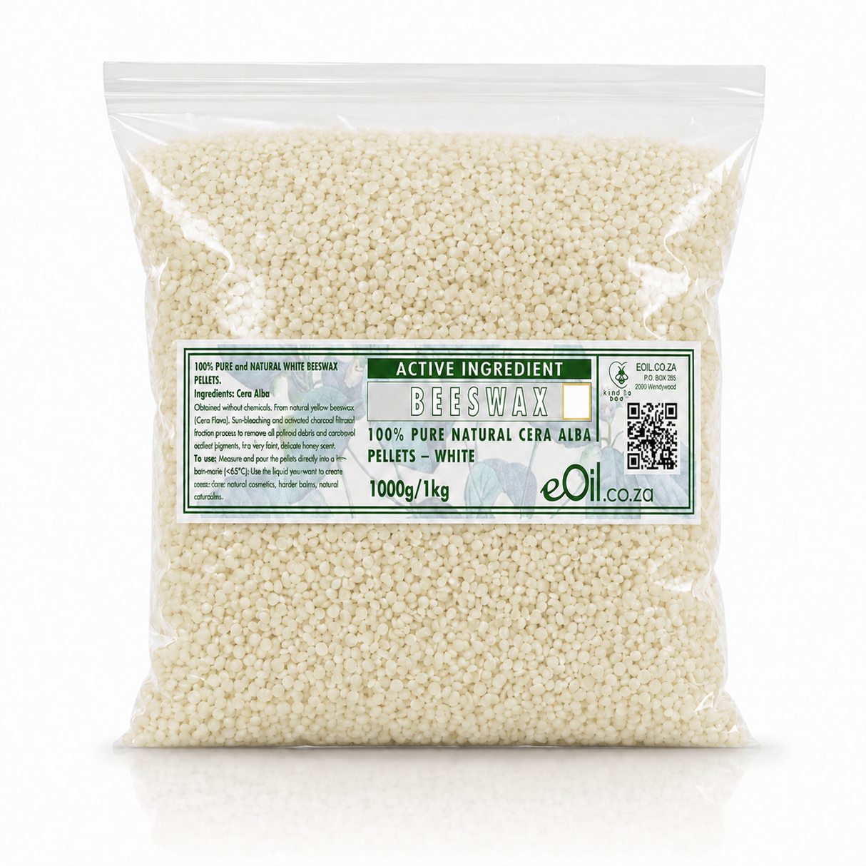 A clear plastic bag filled with small off-white beeswax pellets, featuring a green and white label with the brand name eOil and product details.