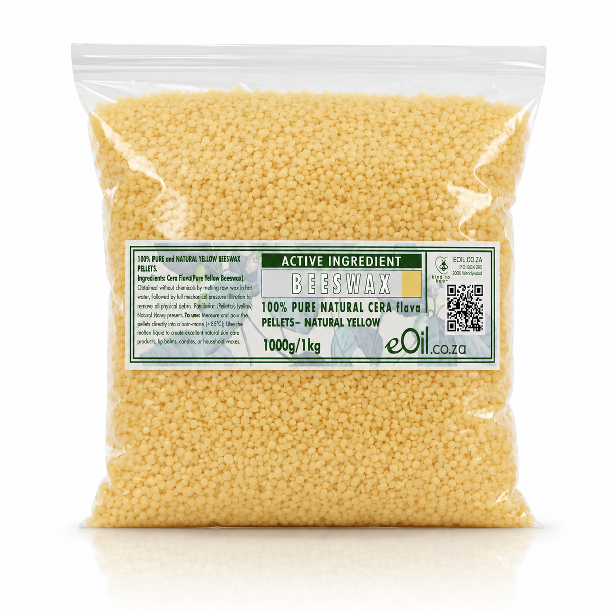 A 1kg clear plastic bag filled with natural yellow beeswax pellets, featuring a green and white label with product details and the brand eOi.co.