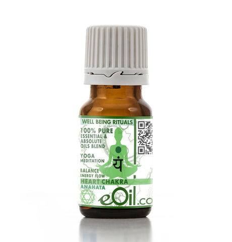 Chakra Heart Essential oil bottle with a green label on a white background