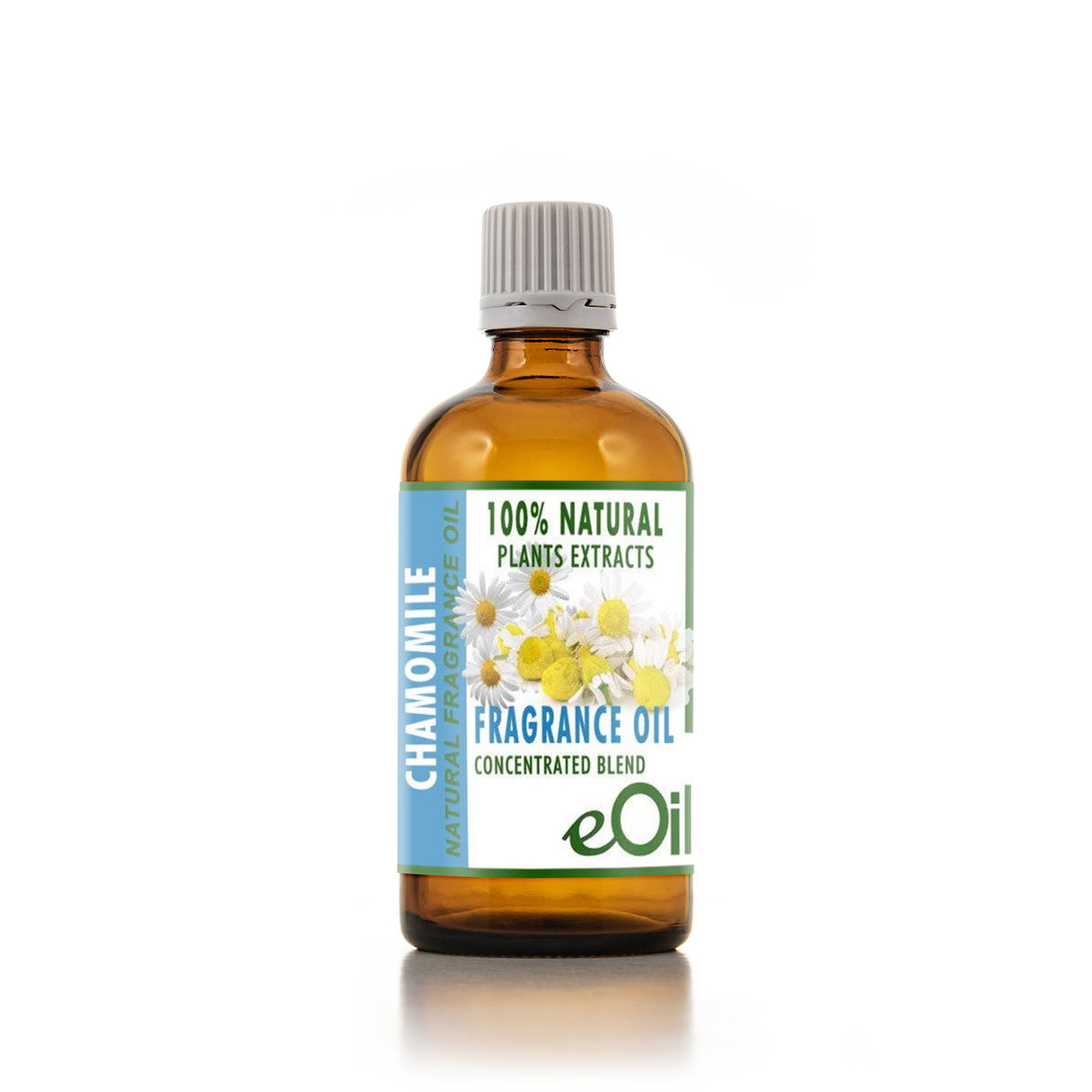 Bottle of eOils chamomile fragrance oil on a white background 100 ml
