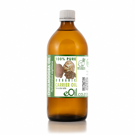 Bottle of eOil chaulmoogra oil on a white background