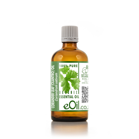 A bottle of eOil Coriander Leaf (Cilantro) essential oil in an amber glass bottle with a white ribbed cap and a green and white label, set against a plain white background.