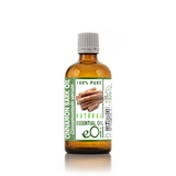 Bottle of cinnamon bark essential oil with a white background
