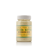 Jar of deodorized cocoa butter with a label on a white background 300 gr