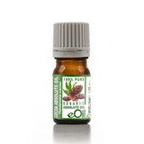 A small amber glass bottle of cocoa absolute oil with a ribbed gray cap and a green-and-white label featuring cocoa plant and bean illustrations.