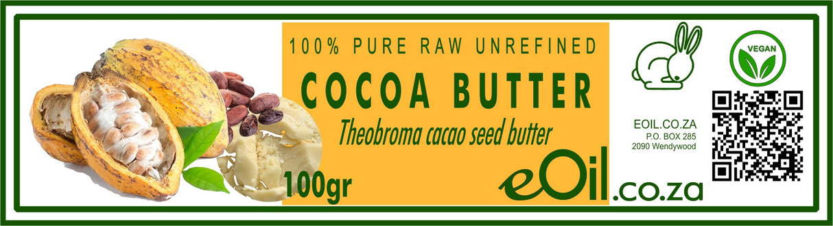 A jar of eOil cocoa butter, labeled as 100% Pure Raw Unrefined, with a capacity of 100 grams.