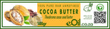 A jar of eOil cocoa butter, labeled as 100% Pure Raw Unrefined, with a capacity of 100 grams.