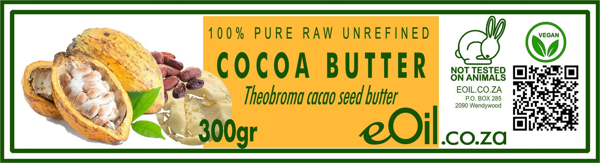 A jar of eOil cocoa butter, labeled as 100% Pure Raw Unrefined, with a capacity of 100 grams.