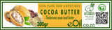 A jar of eOil cocoa butter, labeled as 100% Pure Raw Unrefined, with a capacity of 100 grams.