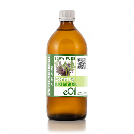 Bottle of comfrey macerated oil with a label on a white background 500 ml bottle