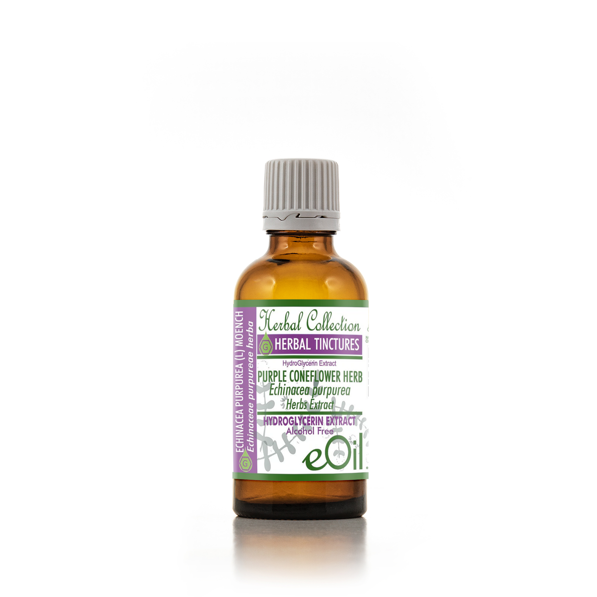 An amber glass bottle of eOil Herbal Tinctures Marigold Calendula Officinalis Florowax Extract with a white, purple, and green label and a gray ribbed cap, set against a plain white background.