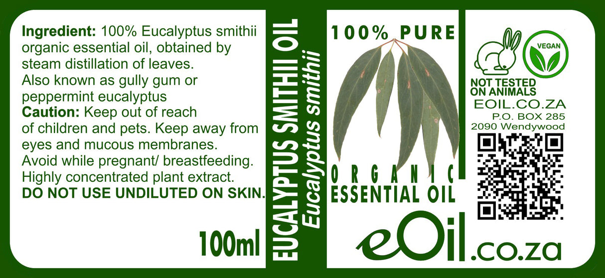 Eucalyptus smithii Essential Oil Organic, soft eucalyptus aroma, wellness applications eOil.co.za