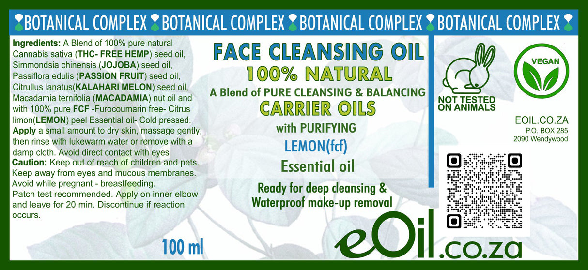 eOil.co.za face cleansing oil label with botanical complex, natural carrier oils, and lemon essential oil.