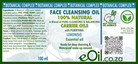 eOil.co.za face cleansing oil label with botanical complex, natural carrier oils, and lemon essential oil.