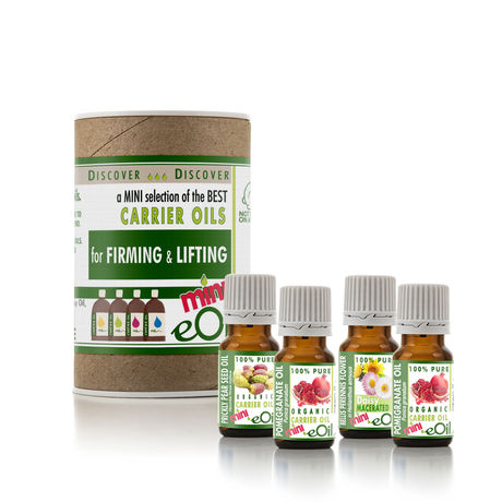 Set of essential oil bottles with labels and a container labeled 'Discover Carrier Oils' on a white background.