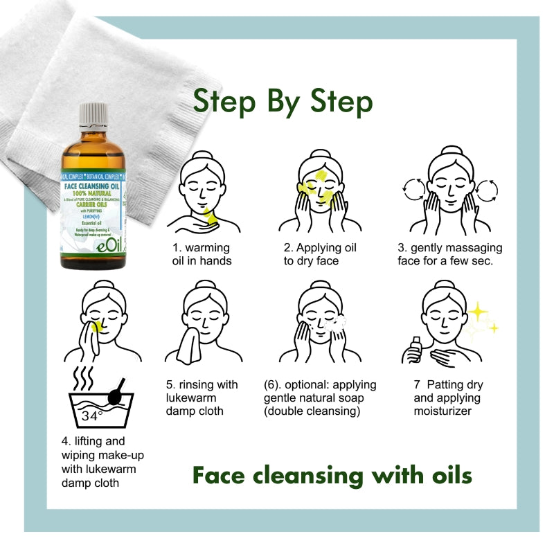 Step-by-step guide to face cleansing with oils, including a bottle of oil and illustrations of the process.