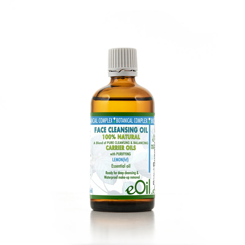 Bottle of face cleansing oil with a white label on a white background