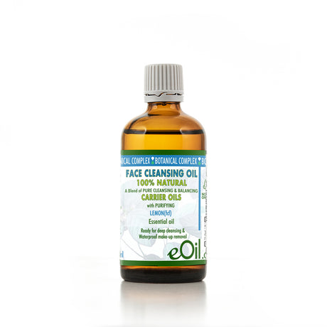 Bottle of face cleansing oil with a white label on a white background