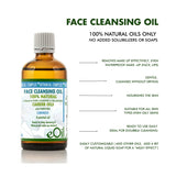 Bottle of face cleansing oil with product details on a white background