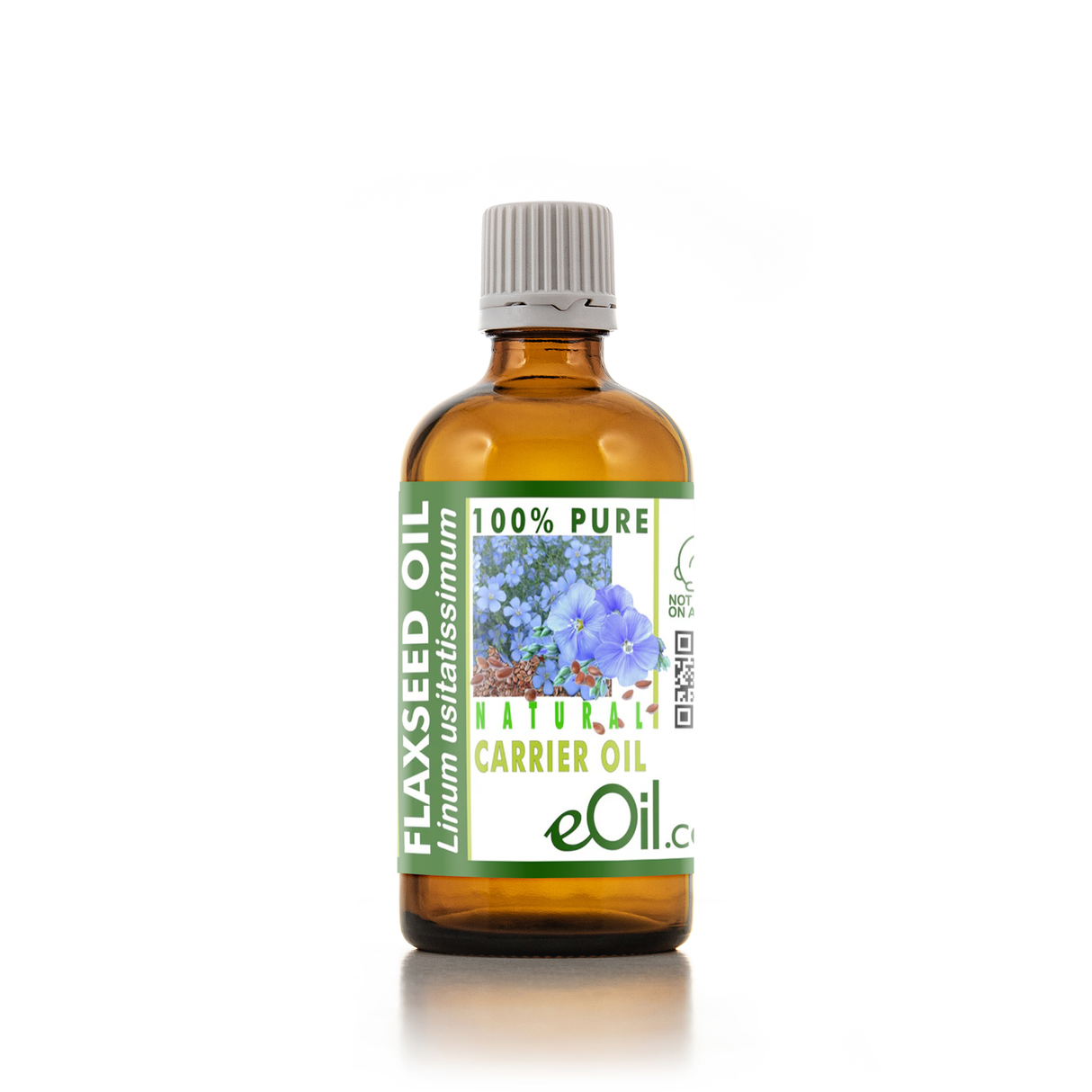 A bottle of eOil flaxseed carrier oil in an amber glass bottle with a white ribbed cap and a green and white label featuring blue flowers.