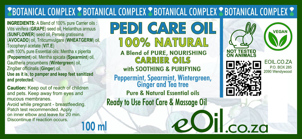 Pedi Care Oil label with botanical complex, vegan, and eOil.co.za branding.