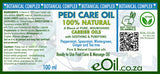 Pedi Care Oil label with botanical complex, vegan, and eOil.co.za branding.