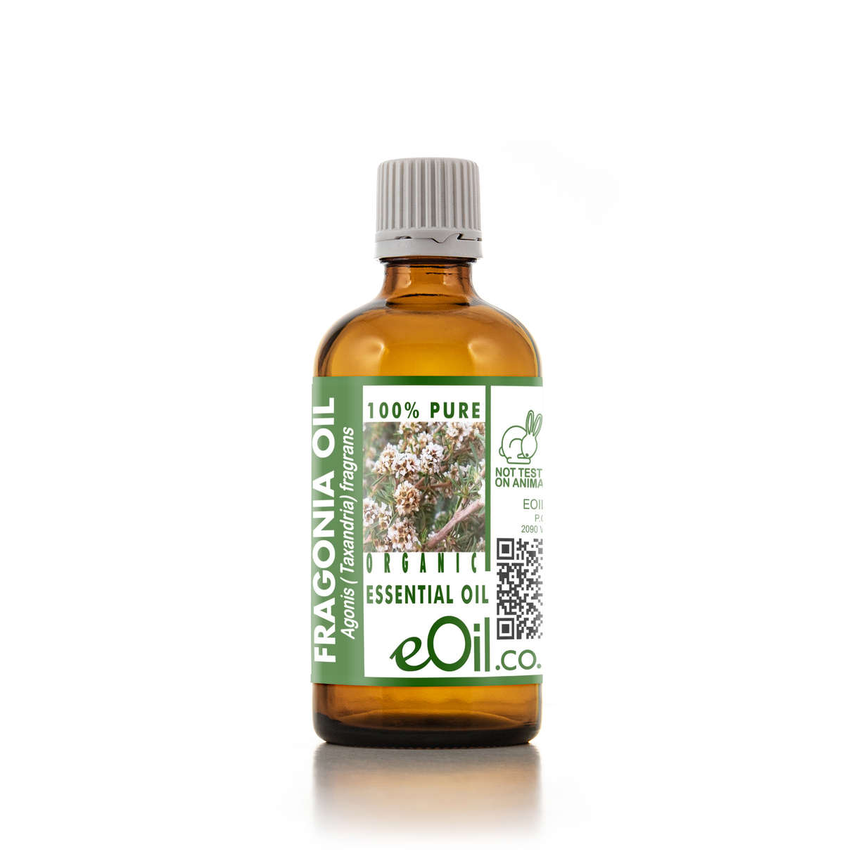 A bottle of eOil.co Fragononia Oil essential oil, featuring an amber glass bottle with a white ribbed cap and a green and white label, set against a plain white background.