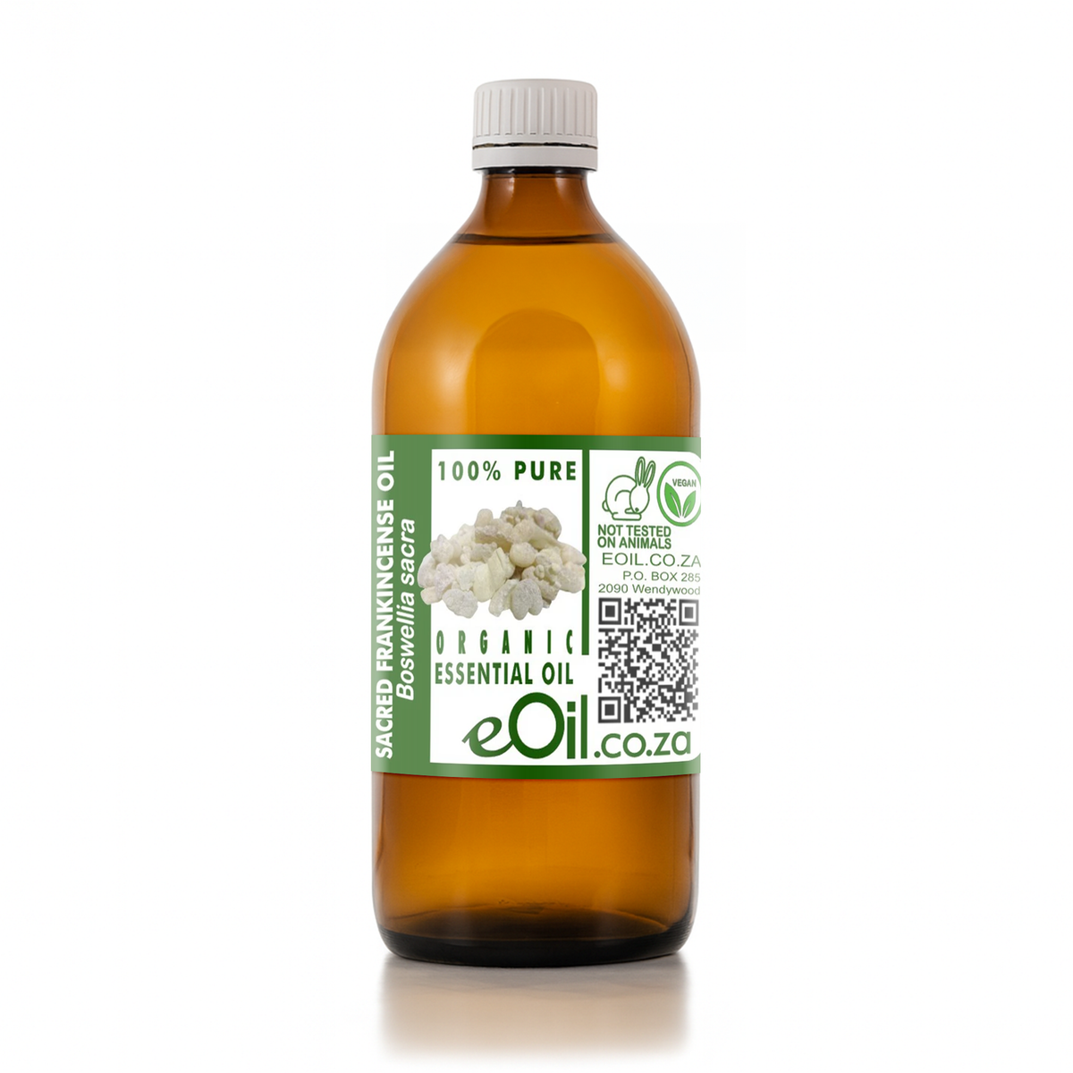 A 500ml amber glass bottle of eoi Organic Sacred Grain Incense Oil with a white ribbed cap and a green and white label, set against a plain white background.