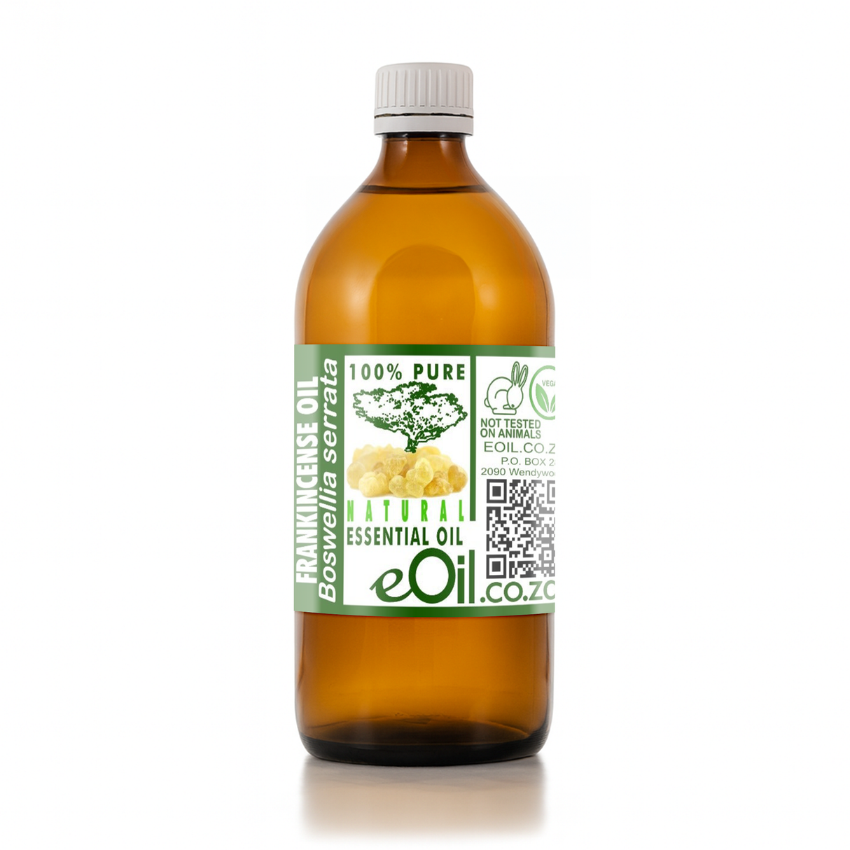 Bottle of essential oil with a green label on a white background 500 ml