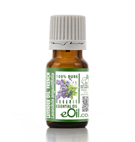 Bottle of lavender essential oil with a white background