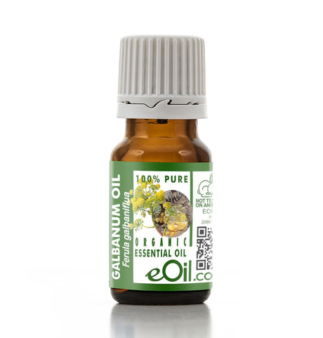 Bottle of Galbanum oil with a green label on a white background