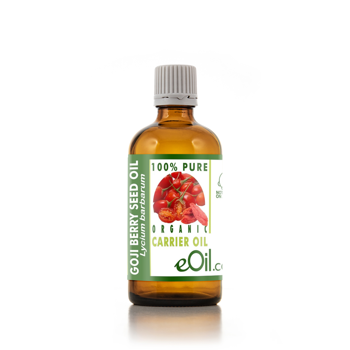 A bottle of Goji Berry Seed Oil carrier oil by eOil.co, featuring an amber glass bottle with a white ribbed cap and a green and white label with a red tomato graphic.