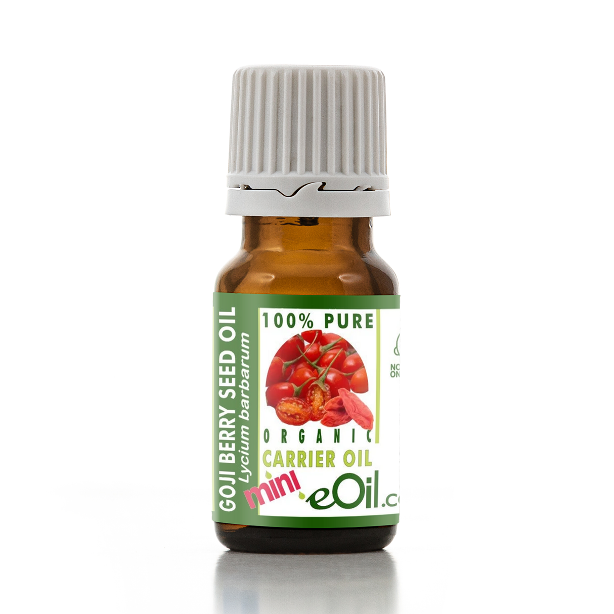 A small amber glass bottle of Goji Berry Seed Oil carrier oil with a white ribbed cap and a green label featuring a red goji berry illustration.