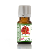 A small amber glass bottle of Goji Berry Seed Oil carrier oil with a white ribbed cap and a green label featuring a red goji berry illustration.