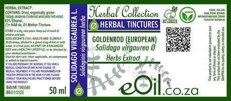 Herbal tincture label for Goldenrod with eOil.co.za branding