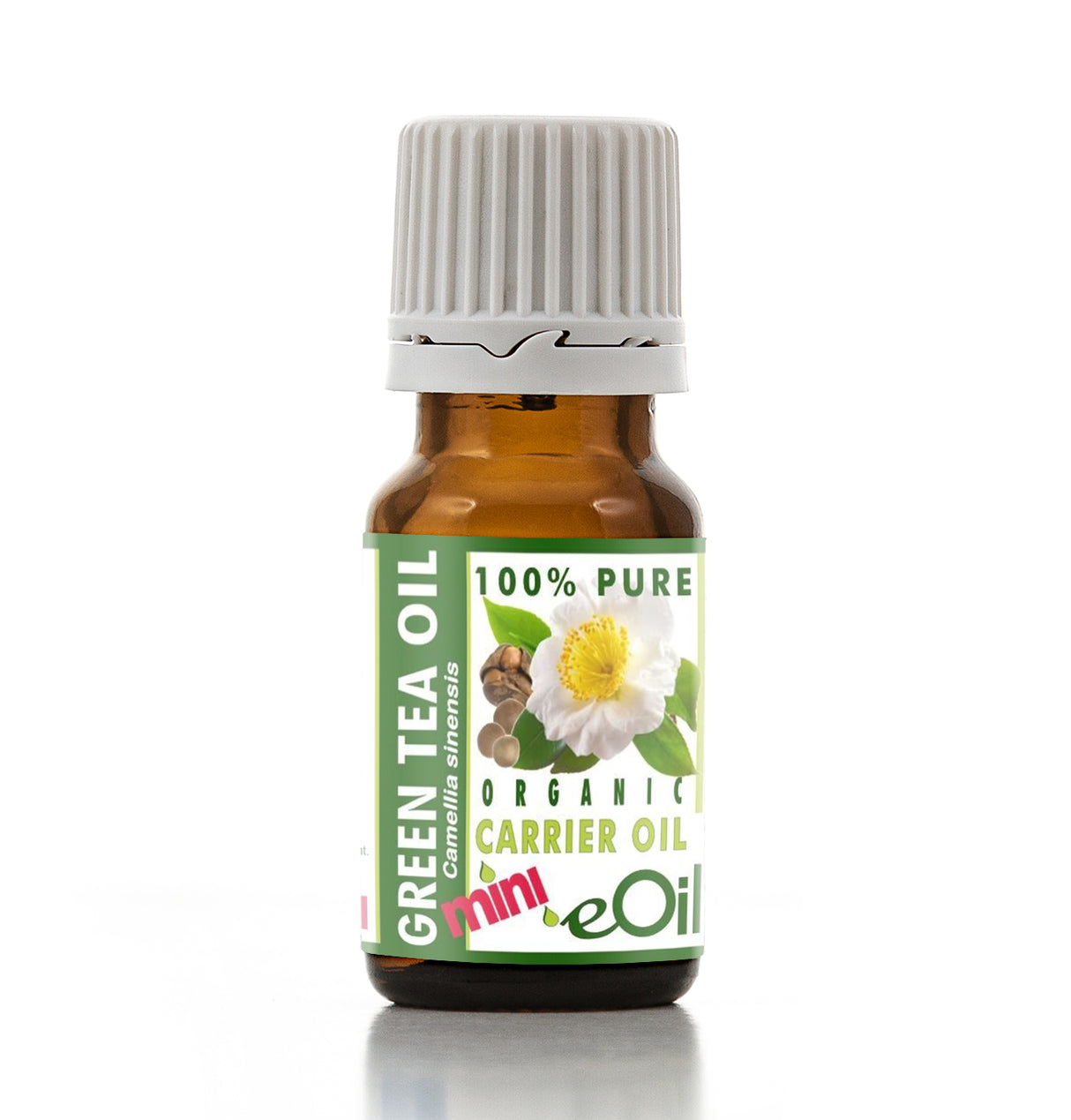 Bottle of green tea oil with a white label on a white background