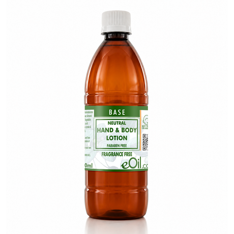 A 500 ml amber-colored plastic bottle of eOil Base Neutral Hand & Body Lotion with a white cap and a green and white label.
