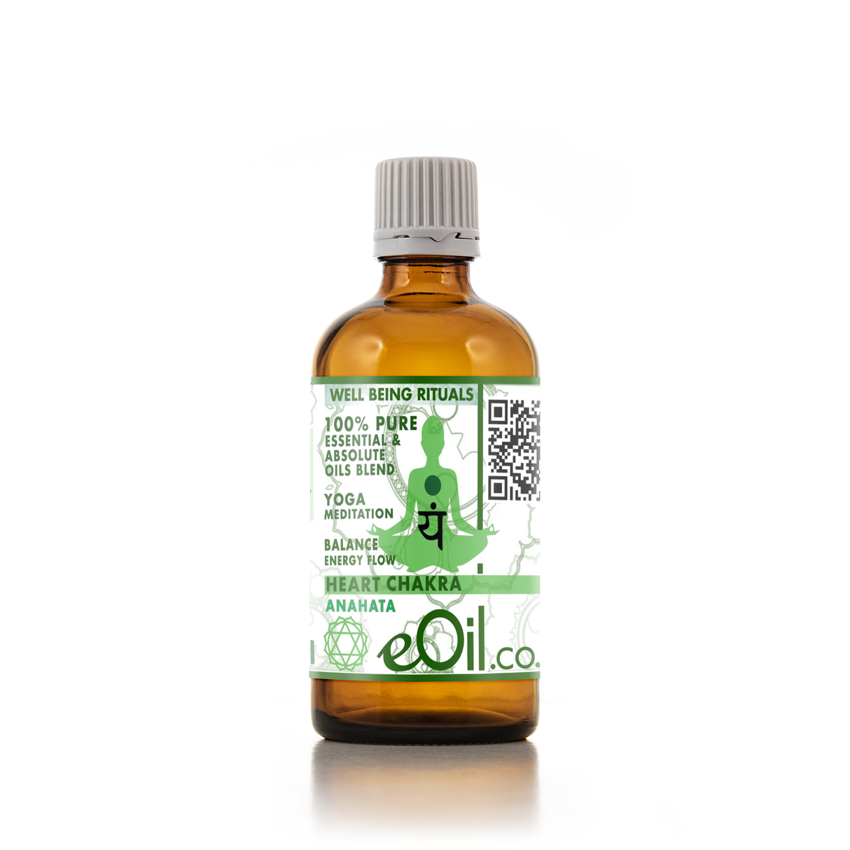 An amber glass bottle of eOil.co Anahata essential oil blend with a white ribbed cap and a green and white label, set against a plain white background.