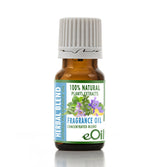 A small amber glass bottle of eOil Fragrance Oil with a white ribbed cap, featuring a green and blue label with purple flowers and the text '100% Natural Plants Extracts' and 'Herbal Blend'.