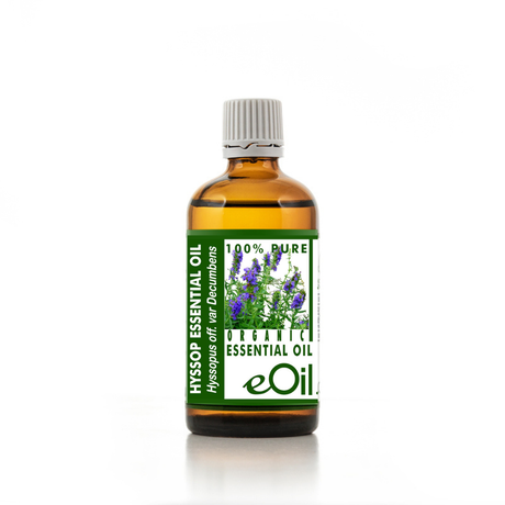 Bottle of eOil Hyssop Essential Oil on a white background