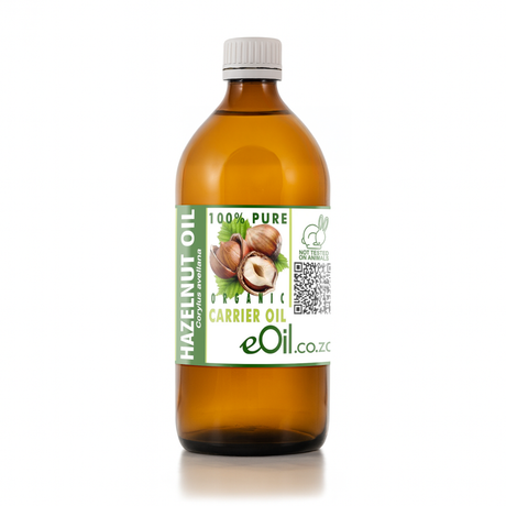 Bottle of hazelnut oil with a label on a white background 500 ml