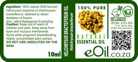 Label of Helichrysum bracteiferum essential oil with text and branding details.