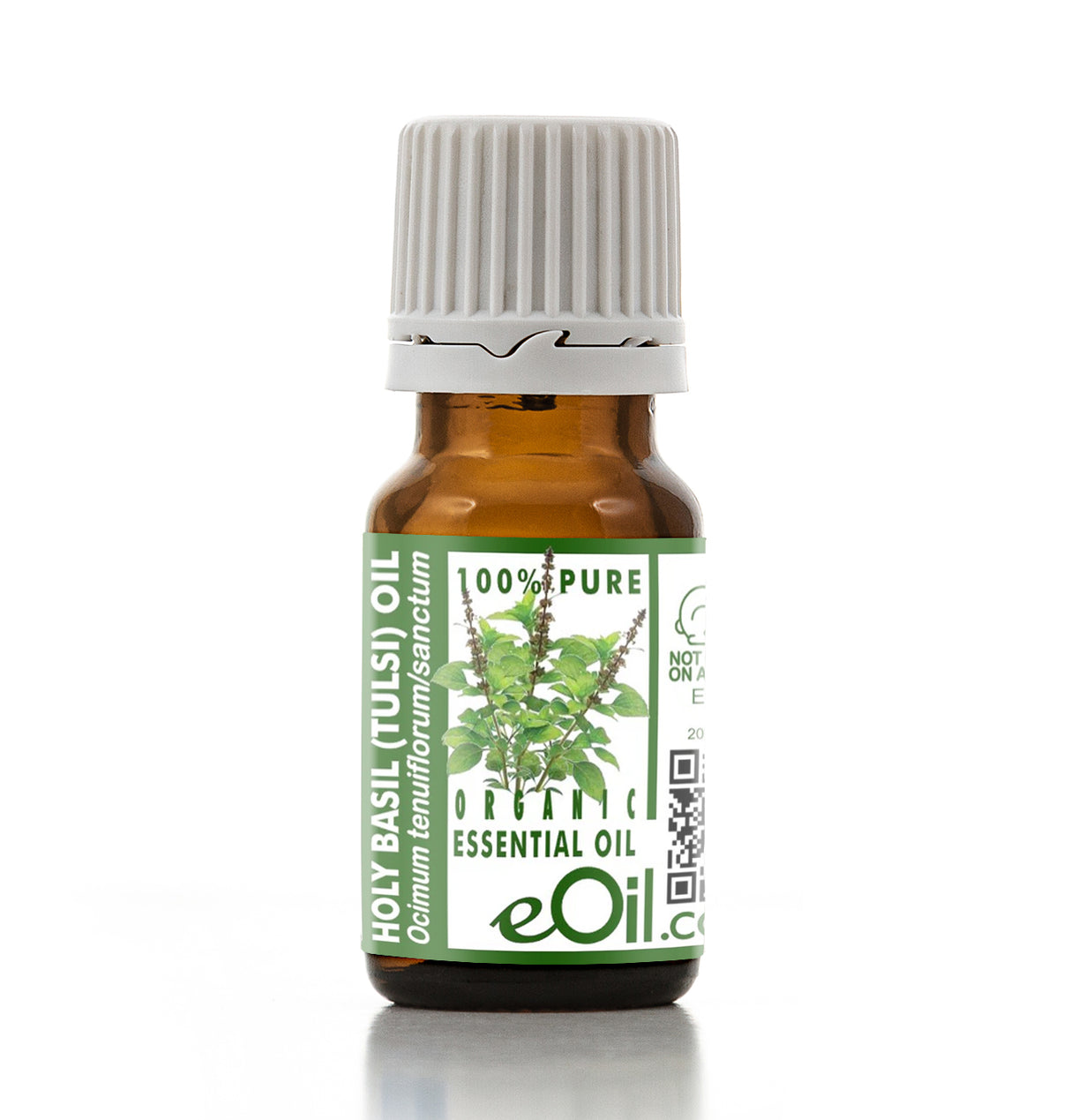 Bottle of eOil Holy Basil essential oil on a white background